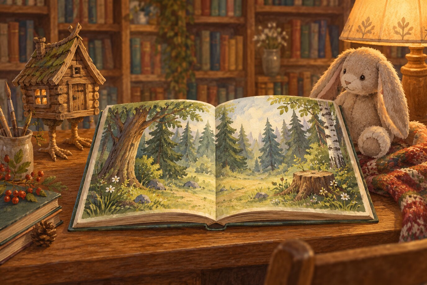 Раскрытая книга сказок и деревянная игрушечная избушка на читальном столе детской библиотеки